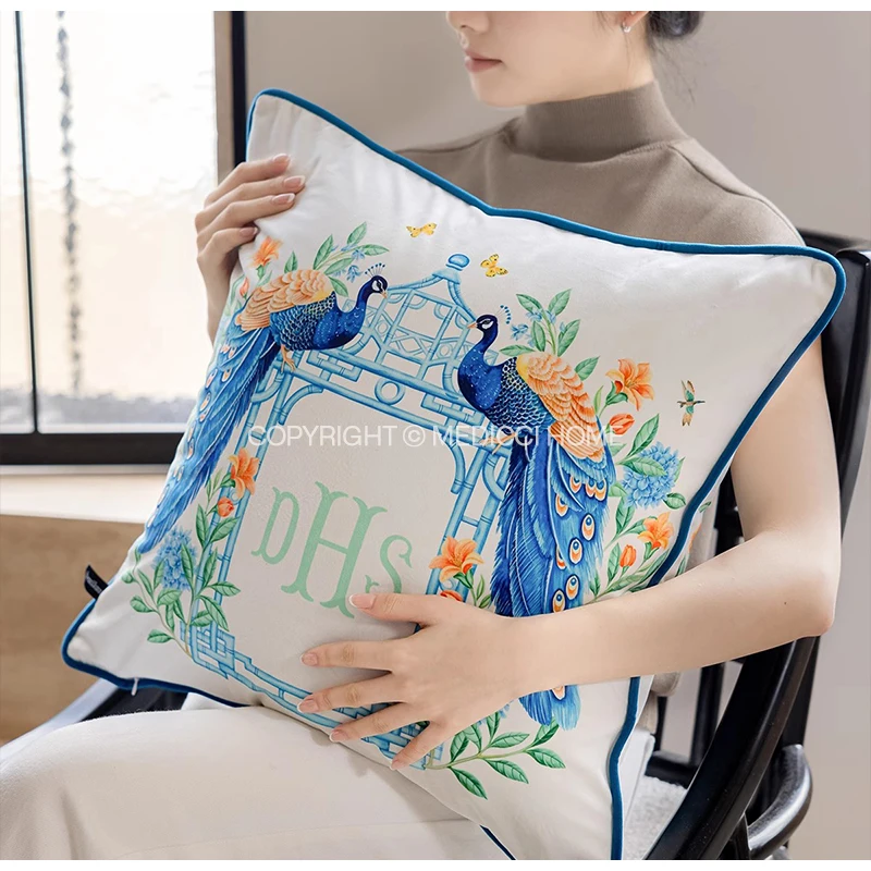 Medicci Home Antique Oriental Retro Throw Pillowcase Rattan Pagoda Monogram Peacock Print Cushion Case Sofa Pillow Cover 45x45cm