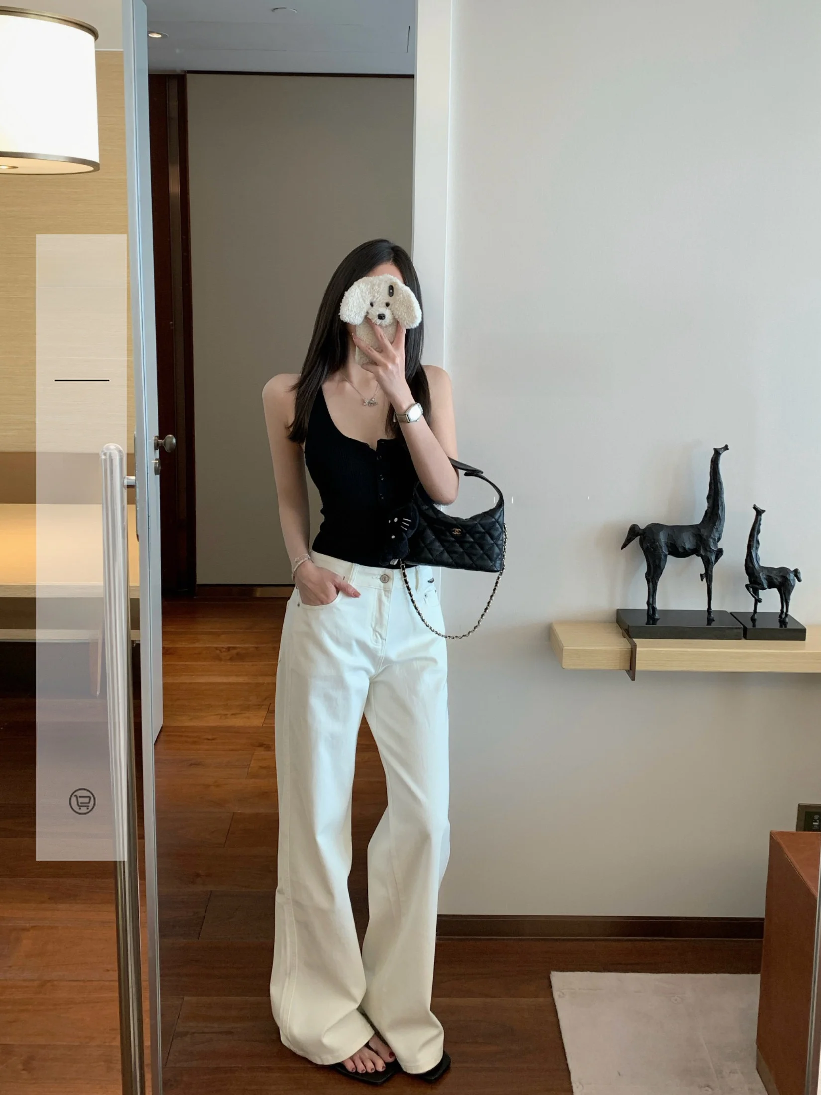 

Ego Studio Women's Straight Leg Jeans White Embroidered Versatile Casual Trousers High Waist Slimming Simple Design