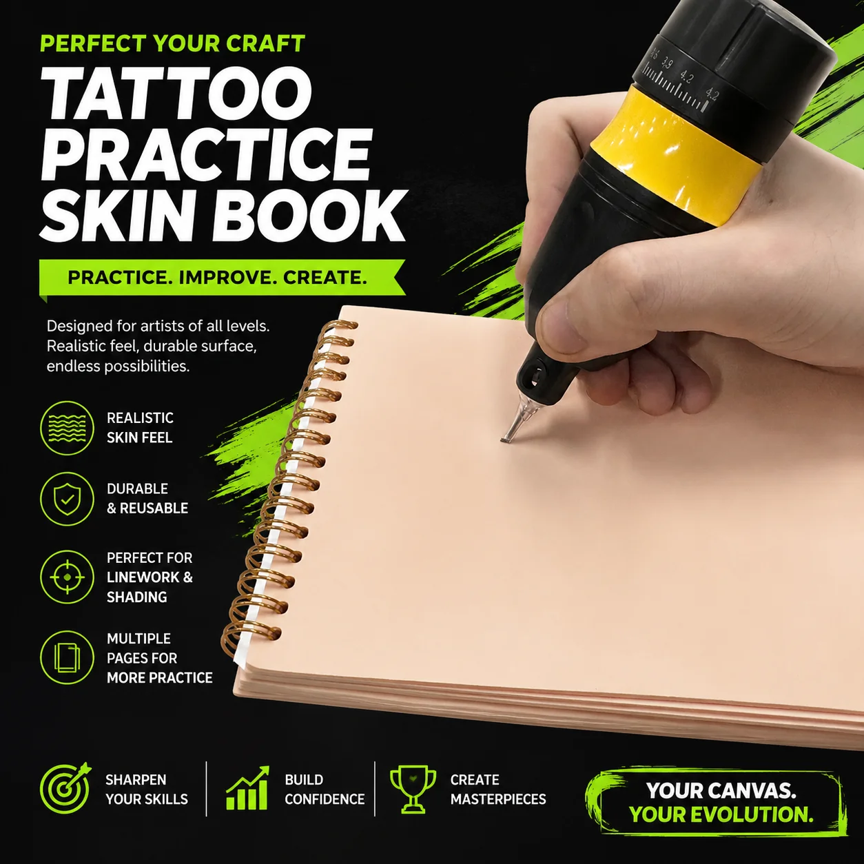 POSEIDON Skin Tattoo Practice Book Fake Tattoo Skin Synthetic Leather for Permanent Makeup Tattoo Beginner Exercise Tool