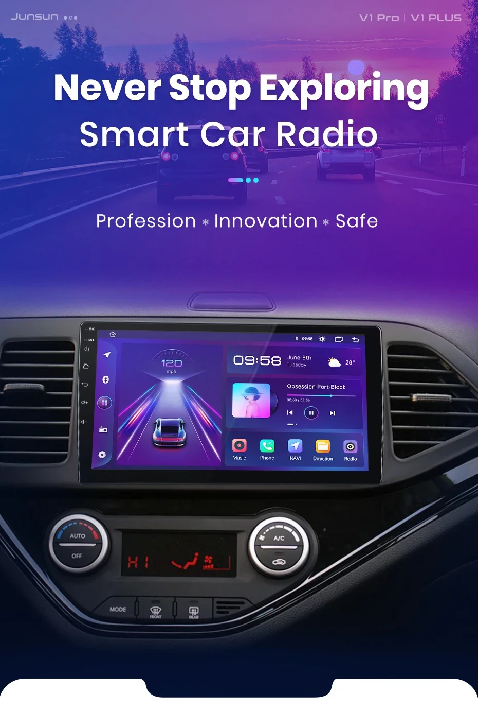 Junsun AI 4G LTE Kabelloses CarPlay Android Auto Autoradio für KIA Morning Picanto 2011 2012 2013 2014-2016 GPS Navi BT DSP RDS FM – Detail 1