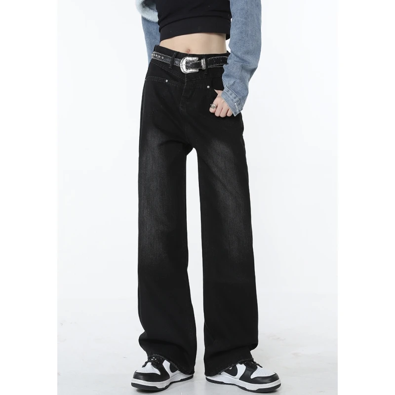 

Black High Waist Women Jeans Vintage American Fashion Street Style Wide Leg Jean Female Denim Trouser Straight Baggy Denim Pants