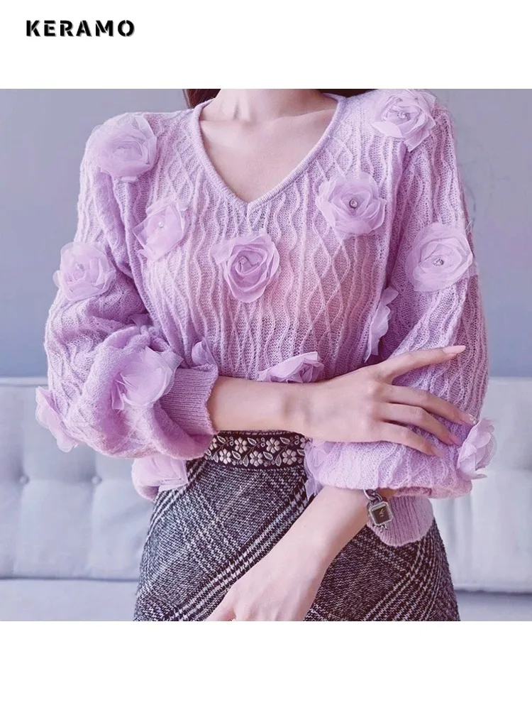 

Милые фиолетовые вязаные пуловеры с длинными рукавами, зима 2025, женские элегантные джемперы с розовым украшением, женский свободный свитер с v-образным вырезом