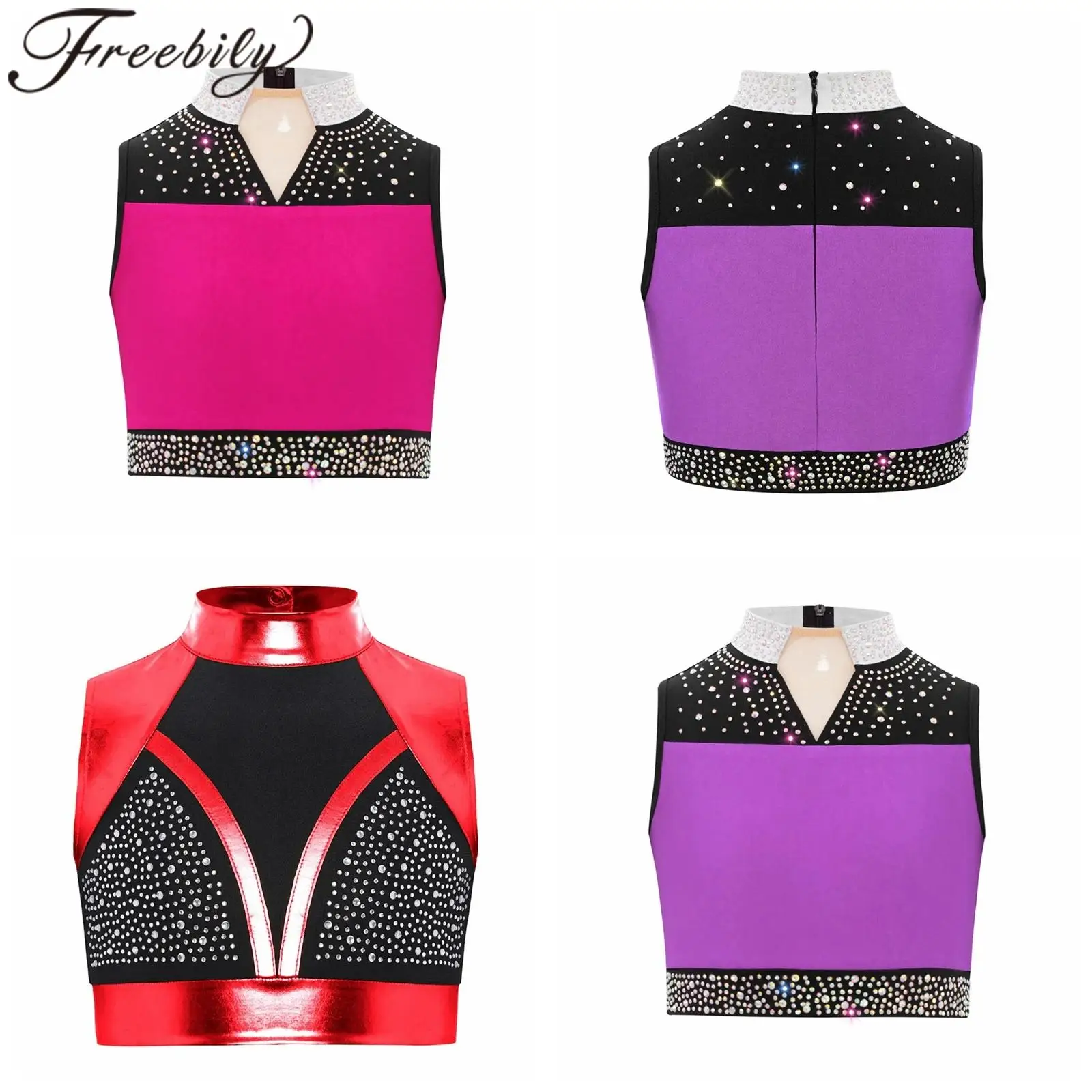 

Kids Metallic Tank Tops Girls Shiny Rhinestone Skating Crop Top Performance Streetwear Disco Hiphop Jazz Disco Dance Costume