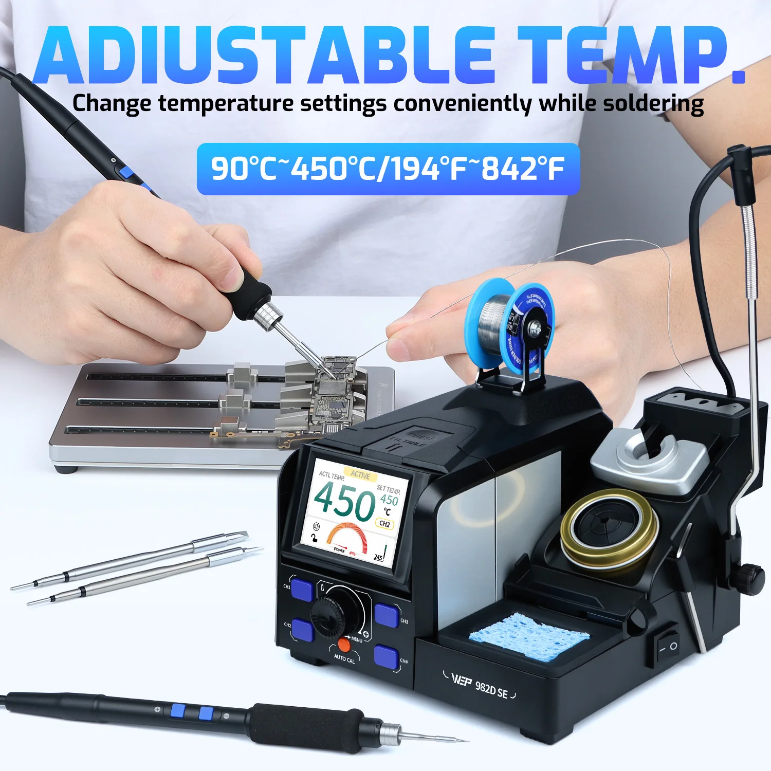 สถานีบัดกรีความแม่นยำ WEP 200W รุ่น C245 C210 ชุดหัวแร้งบัดกรีไฟฟ้าแบบทำความร้อนเร็ว พร้อมเครื่องมือดูดตะกั่วสำหรับโทรศัพท์ รุ่น 982D SE