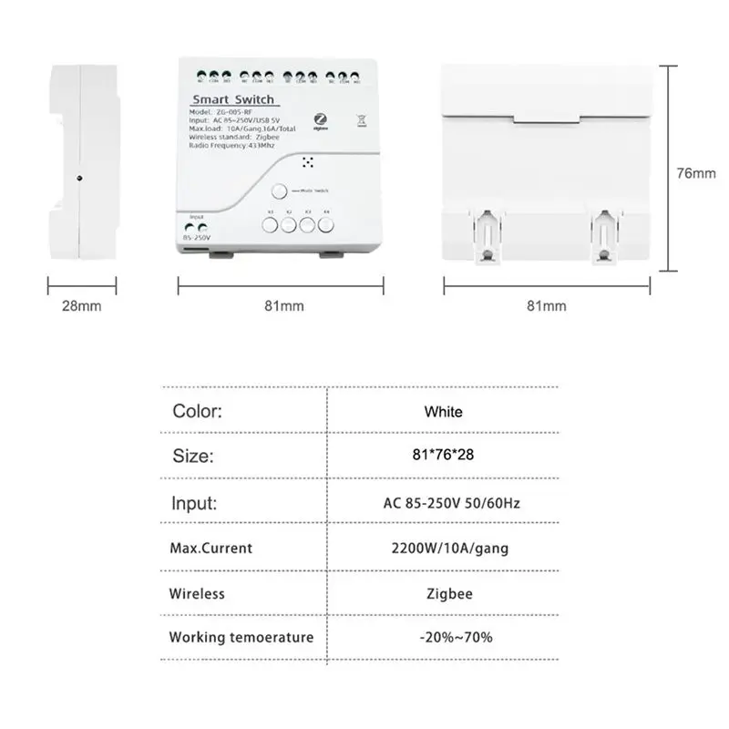 DT51 4CH Zigbee Smart Light Switch Module AC 85-250V 10A Relay Works with Alexa Tuya Smart Life Home Automation