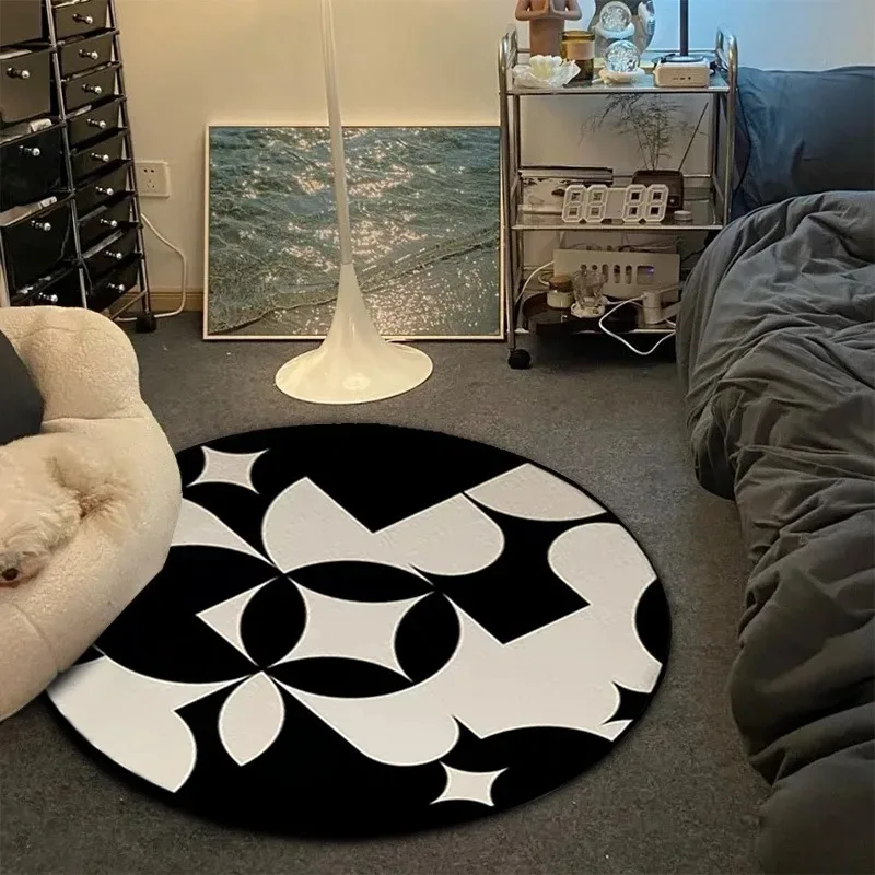 Cream & Black-White Round Rug – Soft Decorative Floor Mat for Bedroom, Living Room & Home Styling