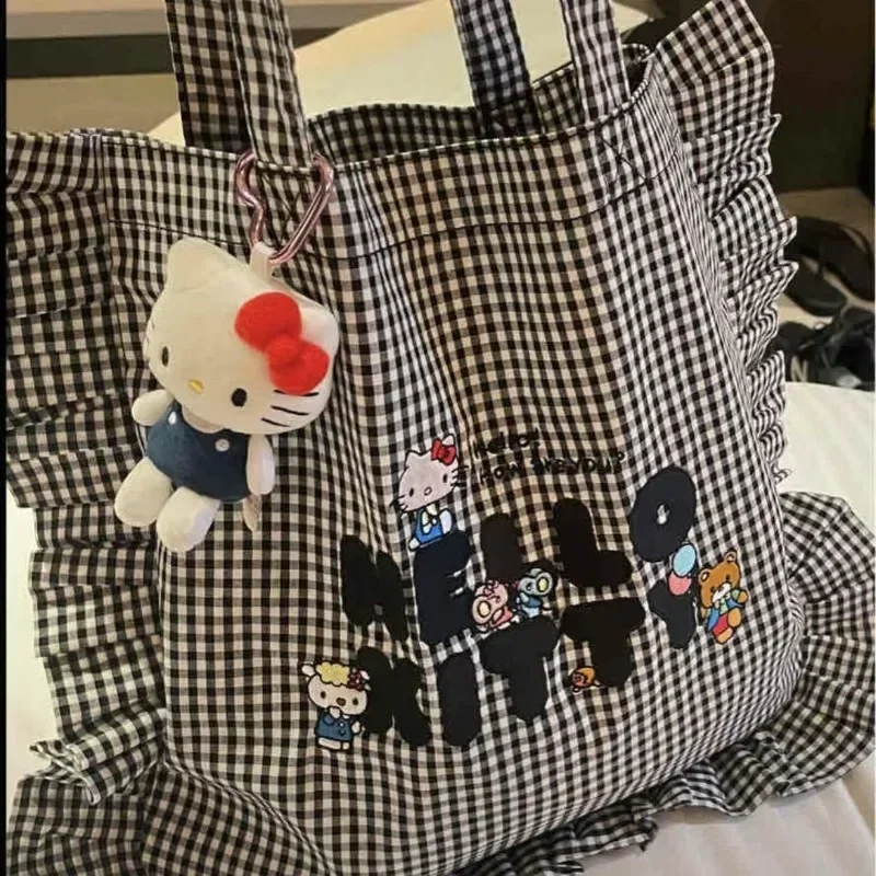 Miniso Sanrios HelloKittys Black White Checkered Ruffled Anime Girl Cartoon Shoulder Bag Commuting Handheld Sail Cloth Bag Gift