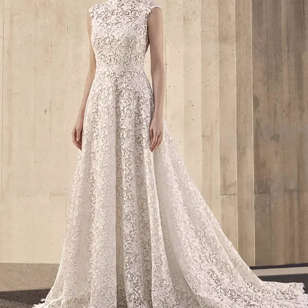 

Classic High Collar Sleeveless Lace A-Line Bride Wedding Dresses Bridal Gowns Customized