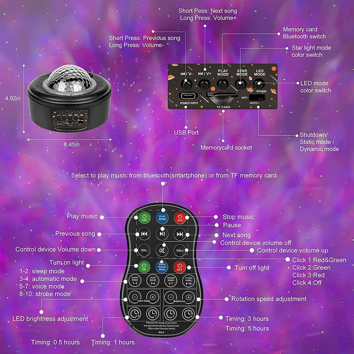 Proyector de estrellas de luz nocturna LED, con Altavoz Bluetooth y Control remoto, proyector y proyector de 10 planetas