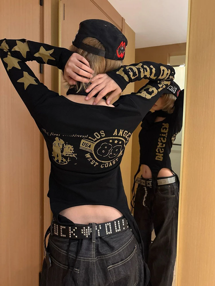Tonngirls Y2k T-Shirt mit ästhetischem Aufdruck für Damen, langärmelig, unregelmäßige Grafik-Tops, Streetwear, japanische 2000er-Jahre-Vintage-Tops mit Schnürung – Detail 9