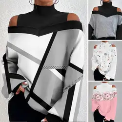 Versatile Women Top High-neck Sweatshirt Fashionable Women's Off Shoulder Turtleneck Blouse Stylish Loose Fit Long for Autumn