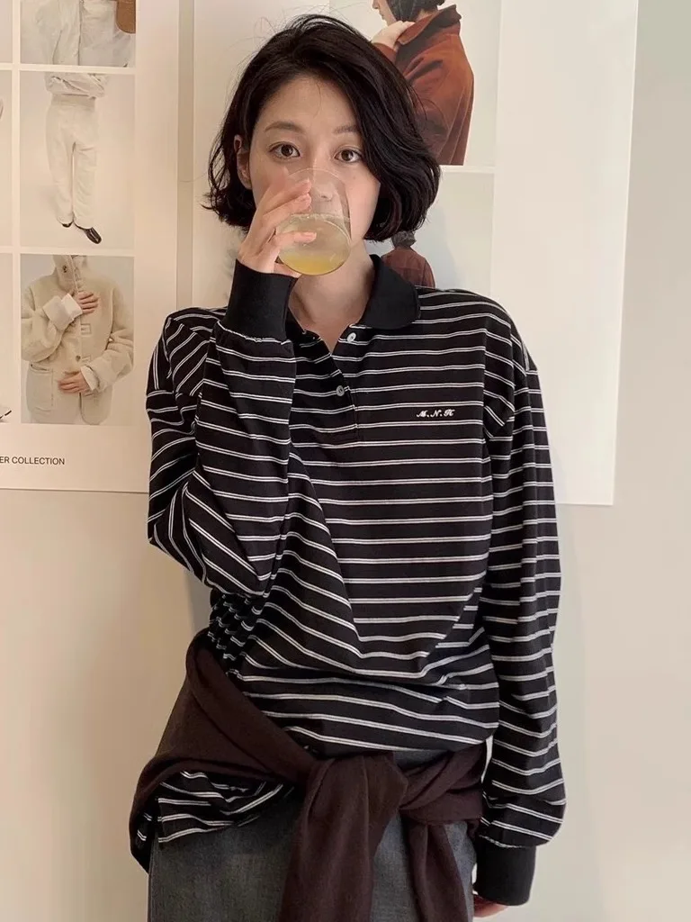 

SmoidMonha Casual Vintage Ne Striped Loose Long Sve Cotton T-irt Thin Sweatirt Spring 2025 Women's Faion