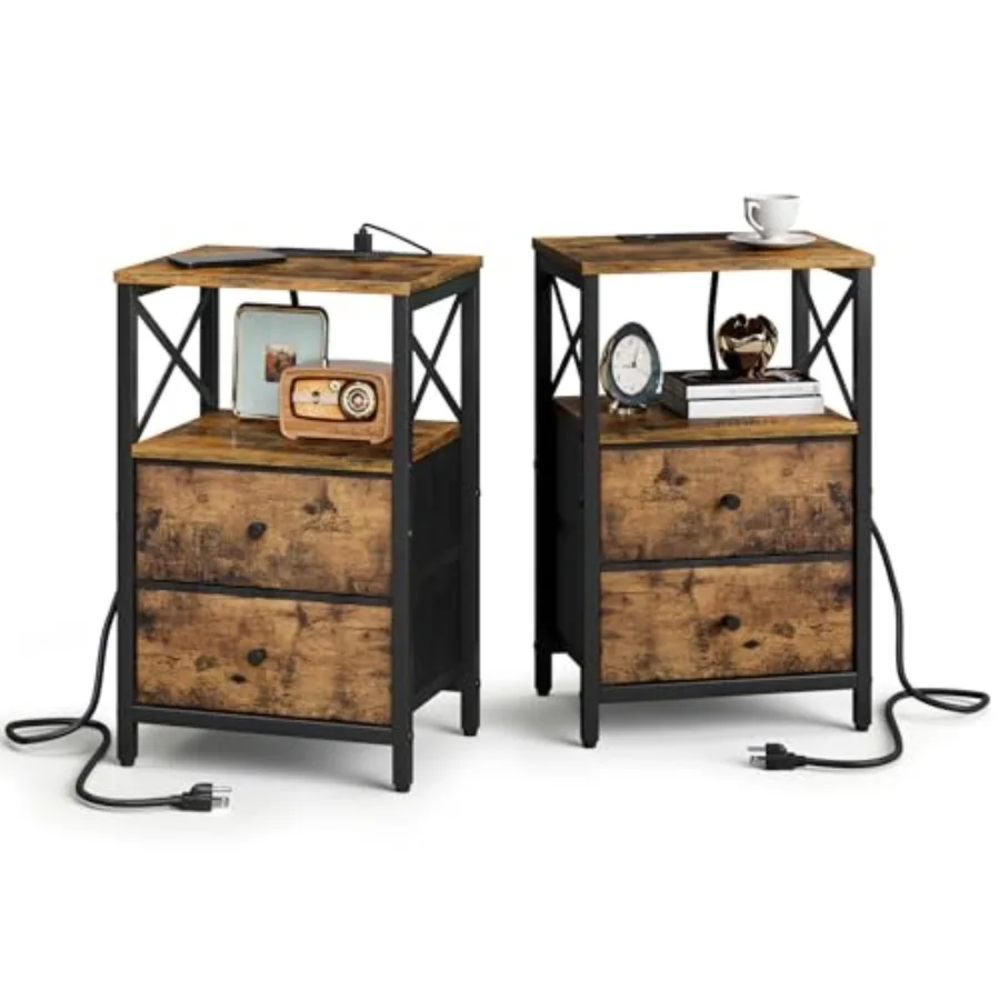 

Nightstand Set of 2 with Charging Station Rustic Brown Small Bedside Tables Featuring USB Ports Outlets Fabric Drawers for Bedr
