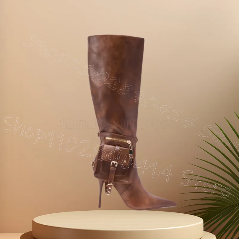 

Brown Pockets Zipper Design Pointed Toe Boots Side Zipper Women Shoes Thin High Heels New Fashion Party 2025 Zapatos Para Mujere