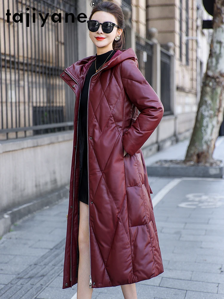 معطف نسائي من TAJIYANE مصنوع من جلد الغنم الحقيقي معاطف نسائية طويلة بحزام نحيف سترة أنيقة من الجلد الطبيعي باللون الأحمر ملابس شتوية للسيدات 2025 신상 Jadicuit #3