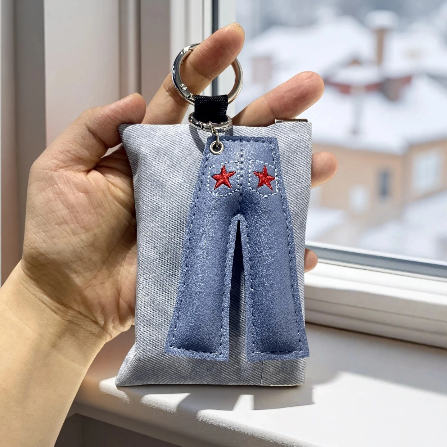 Trendy PU Leather Pants Keychain & Mini PU Leather Snap Frame Purse Set/Tiny Coin Purse for AirPods Lipstick Cable Organizer