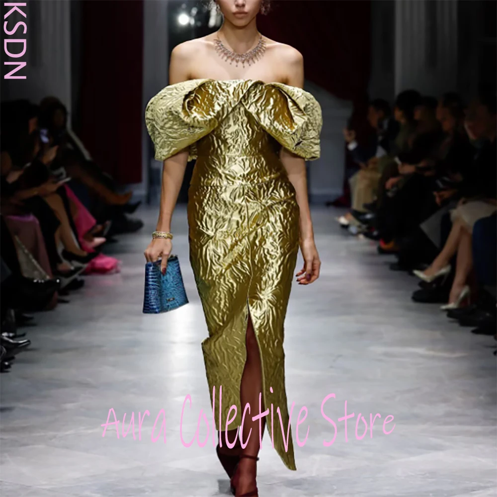 Luxury Gold Jacquard Off Shoulder Women's Evening Dresses Puff Sleeve Slit Midi Formal Gown Prom Cocktail Party Female Wear
