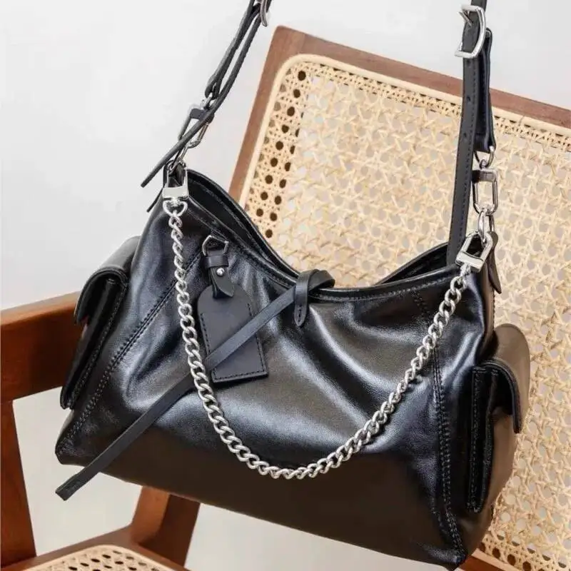 Black Tied Chain Tote Women Leather Large Capacity Ing Shoulder Ladies Retro Sle Commute Casual Crossbody Bag 2025