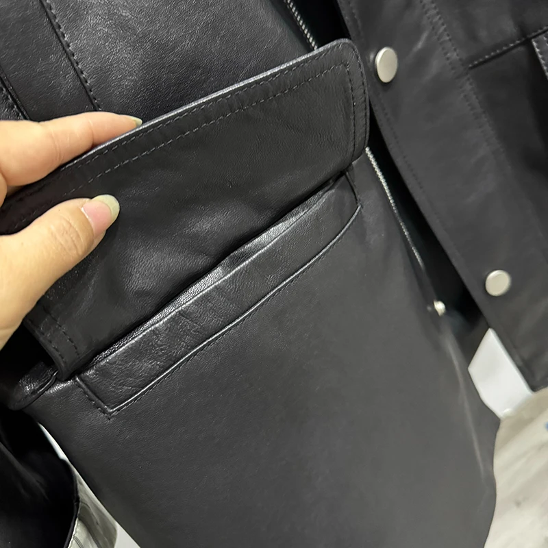 Giacca in pelle Autunno Donna Pelle di pecora conciata al vegetale piena Tasche con risvolto Camicia ampia da medio a lunga Trench Coat Blusas De Mujer