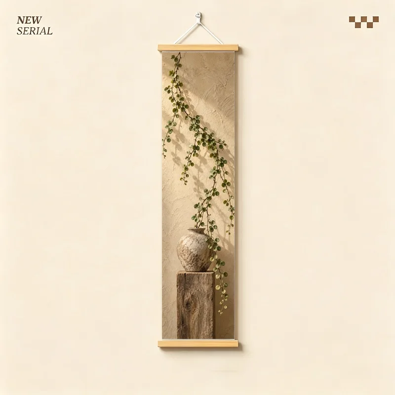 Wall Art Dischidia and Peperomia, Natural Wabi-Sabi Botanical Silver Shimmer Canvas Hanging Scroll for Reading Nook Decor
