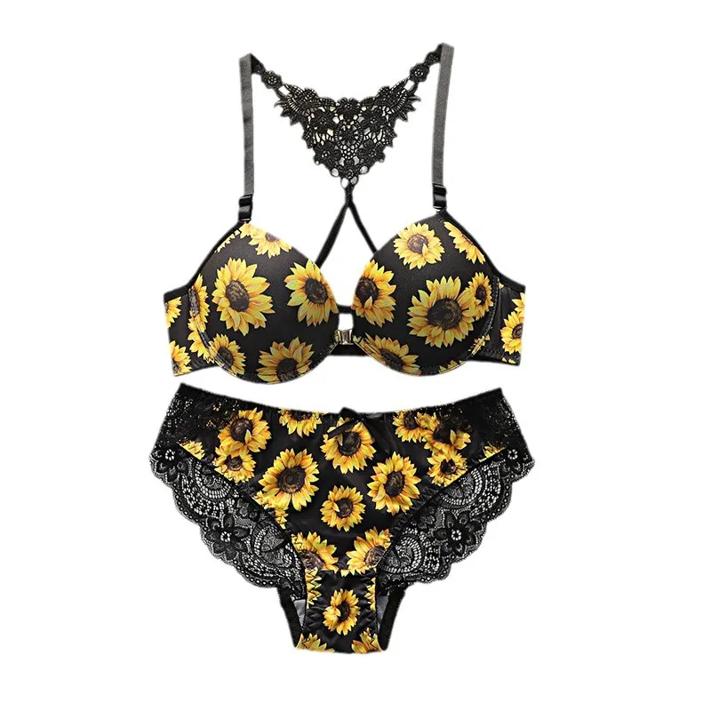 Women's Sunflower Bra Set Push Up Lace Back Lingerie Set 2 Piece Underwear 2026 - Image 5