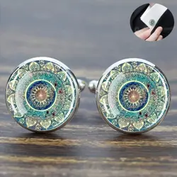 Mandala Cufflinks for Mens Luxury Datura Flower Glass Dome Shirt Cuff Links Buddhist Meditation Jewelry for Men Accessories Gift