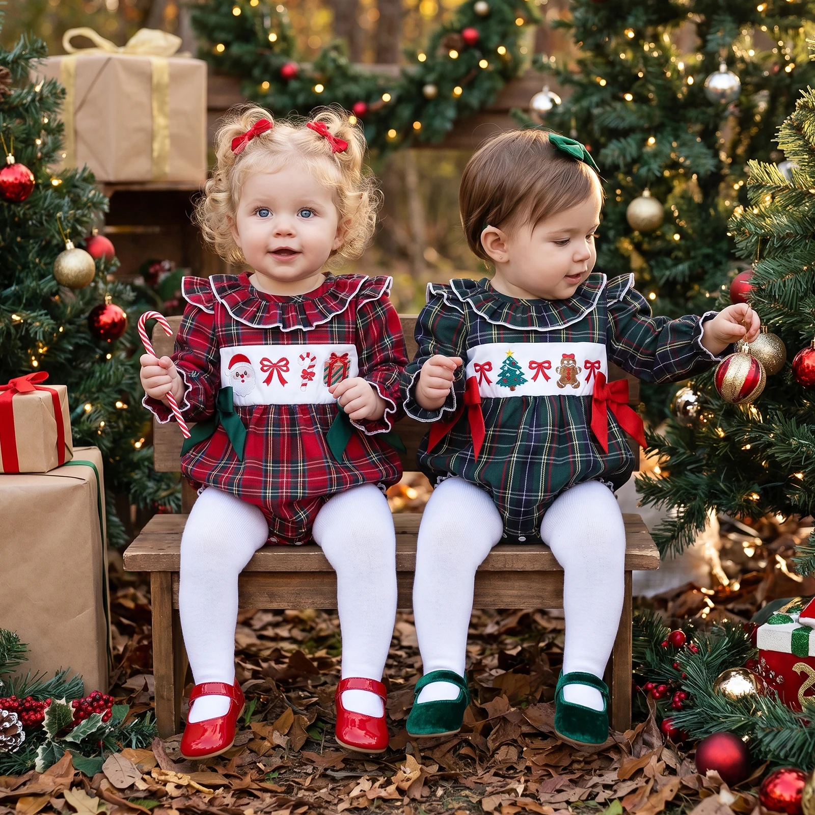 Tregren 0-18Months Infant Baby Girls Christmas Romper Long Sleeve Crew Neck Plaid Embroidery Bodysuit