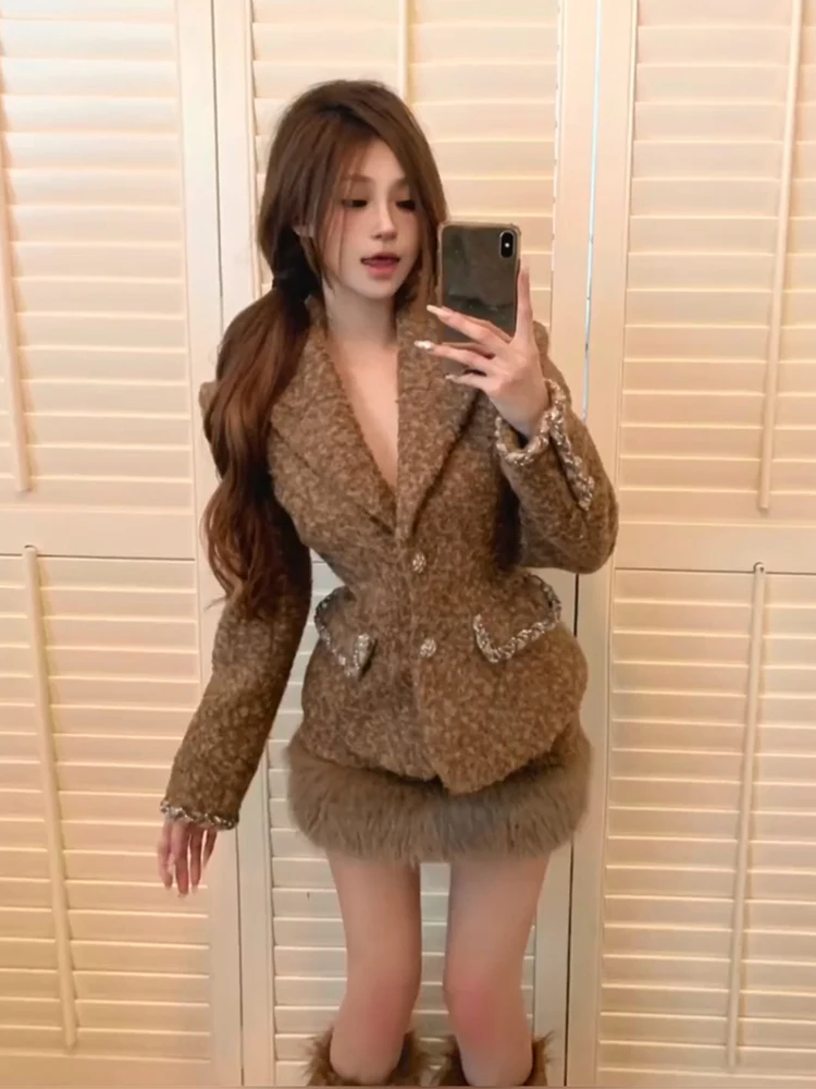 

Женский комплект из шерстяного пиджака и короткой юбки больших размеров в ретро-стиле, осенне-зимний, с высокой талией, в корейском стиле, модный повседневный наряд