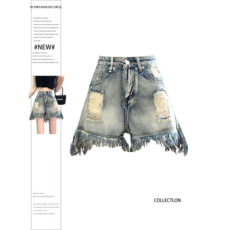 

ZHIZOU 2026 Summer Women American Retro High Waist Ripped Jeans Shorts Japanese Y2K 2000s Blue Denim Hot Pants Tide High Street