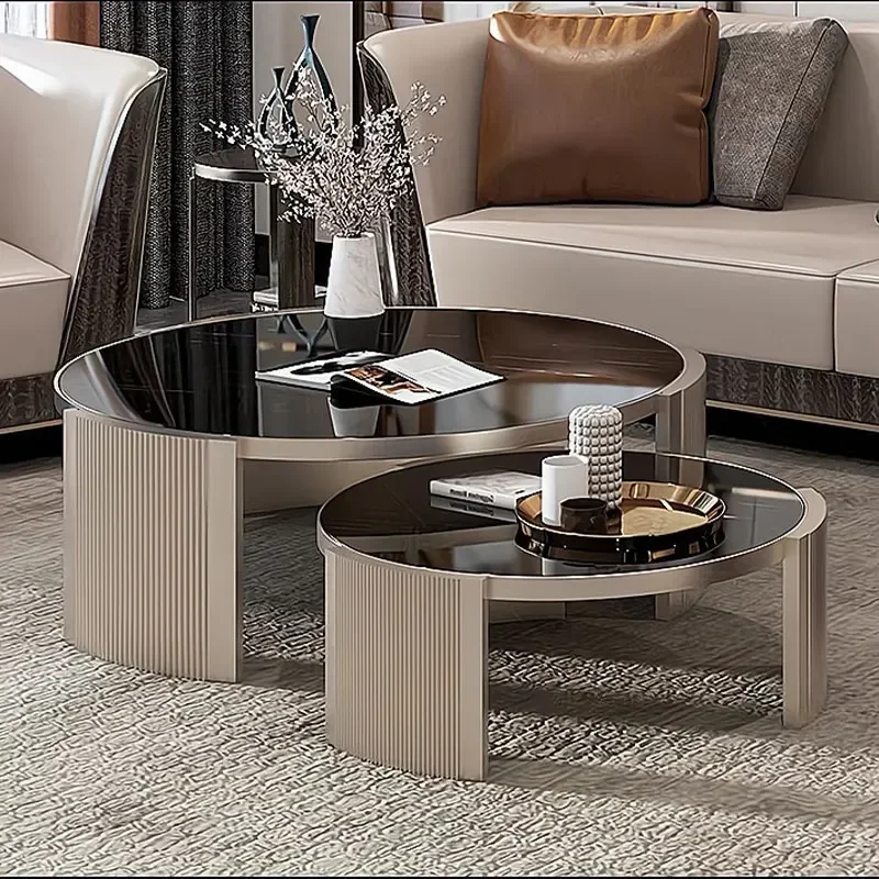 

Round Tea Table Combination Luxury High-Grade Stainless Steel Marble Living Room Coffee Table Side Table
