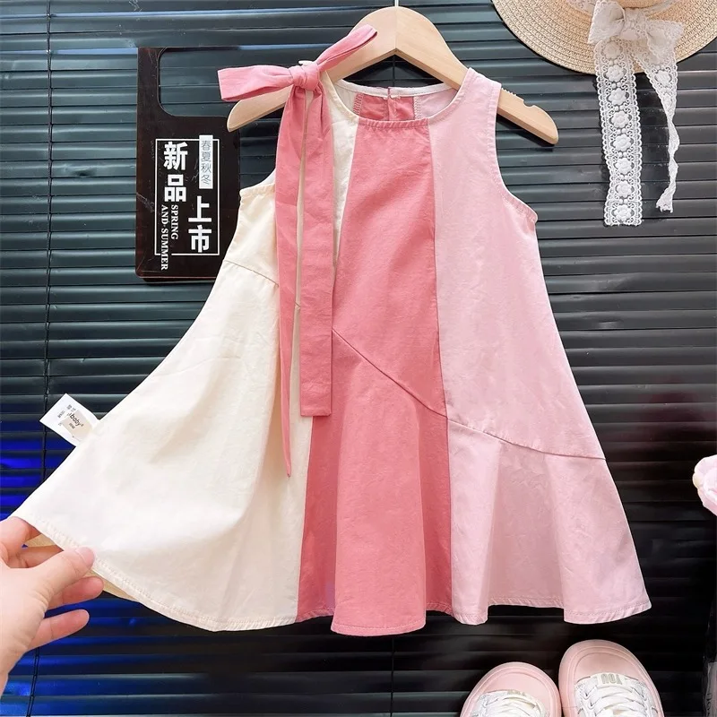 

2025 New Summer Children's Clothing for Girls and Babies, Bow Vest Dress, Children's Stylish Contrasting Princess Skirt, Cotton
