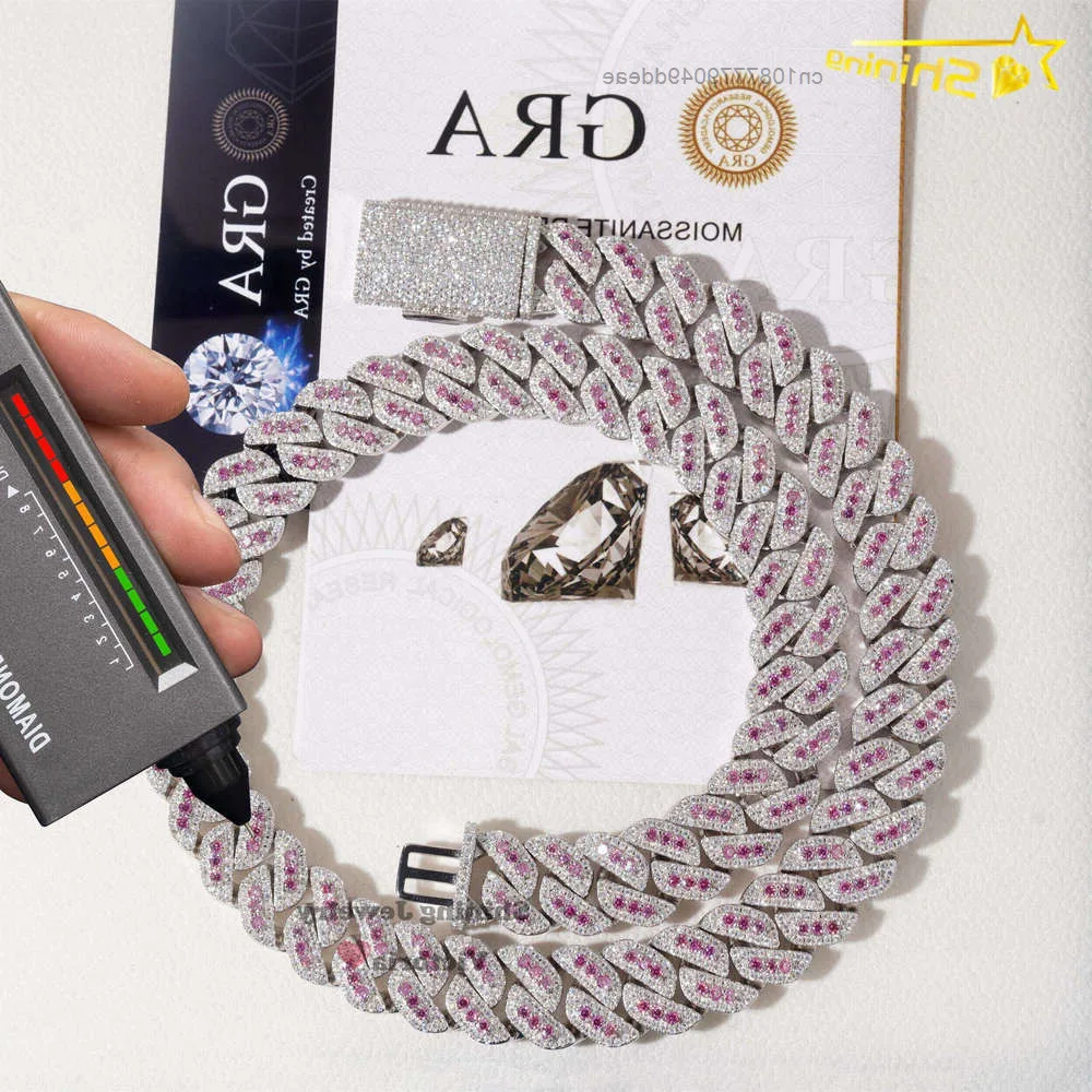 

Shining Jewelry Soild Silver Hip Hop Moissanite Necklace 15mm Gold Cuban Chain Gra Vvs Pink Moissanite Cuban Link Chain