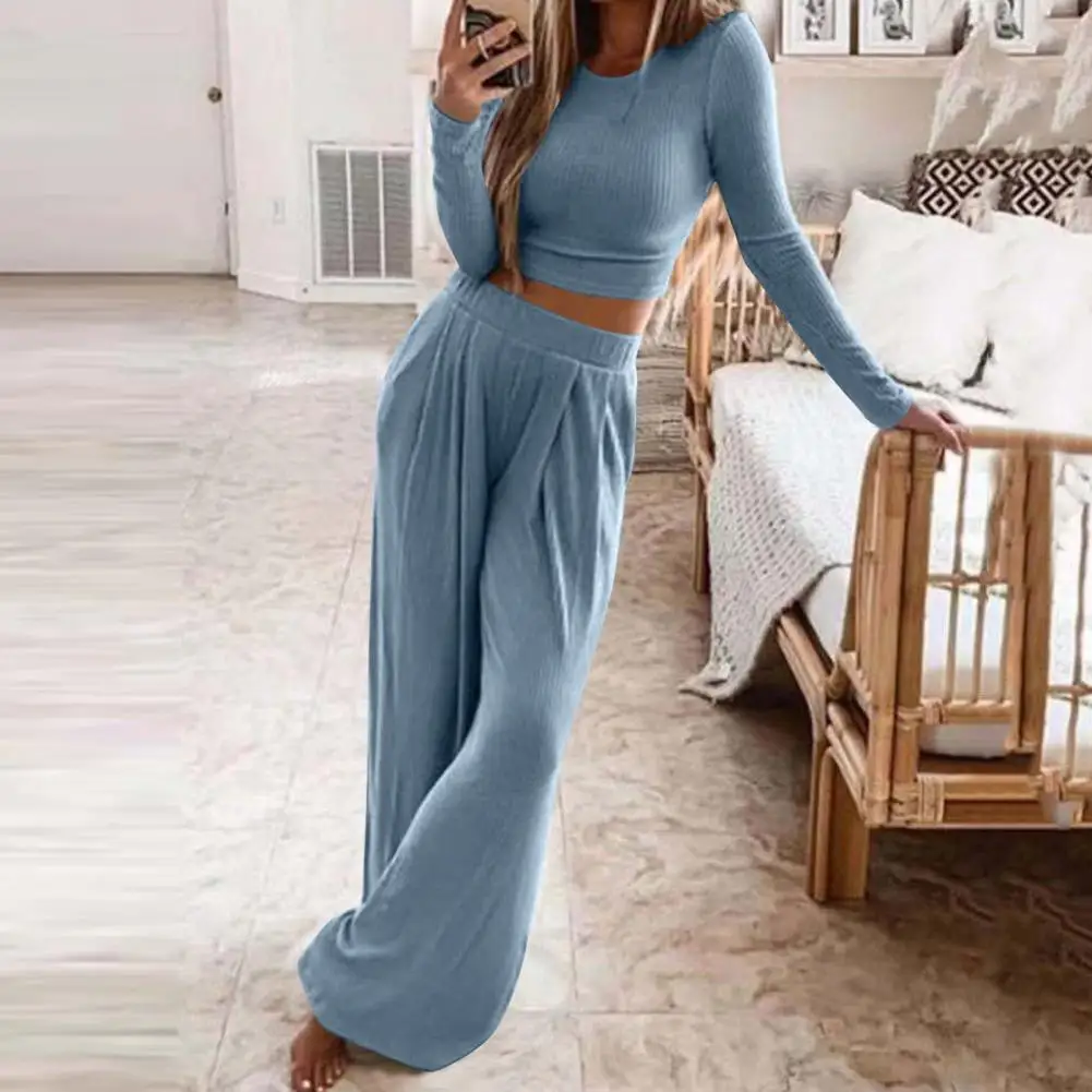 

Autumn Blouse Pants Set Solid Color Short Top Long Sleeves Round Neck Soft High Waist Wide Leg Crew Neck Women Tracksuit