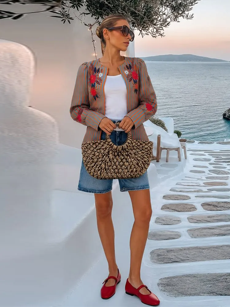 2026 Early Autumn Striped Flower Embroidered Jacket Round Neck Long Sleeve Loose Coat Casual New Daily Ladies Clothing view 4