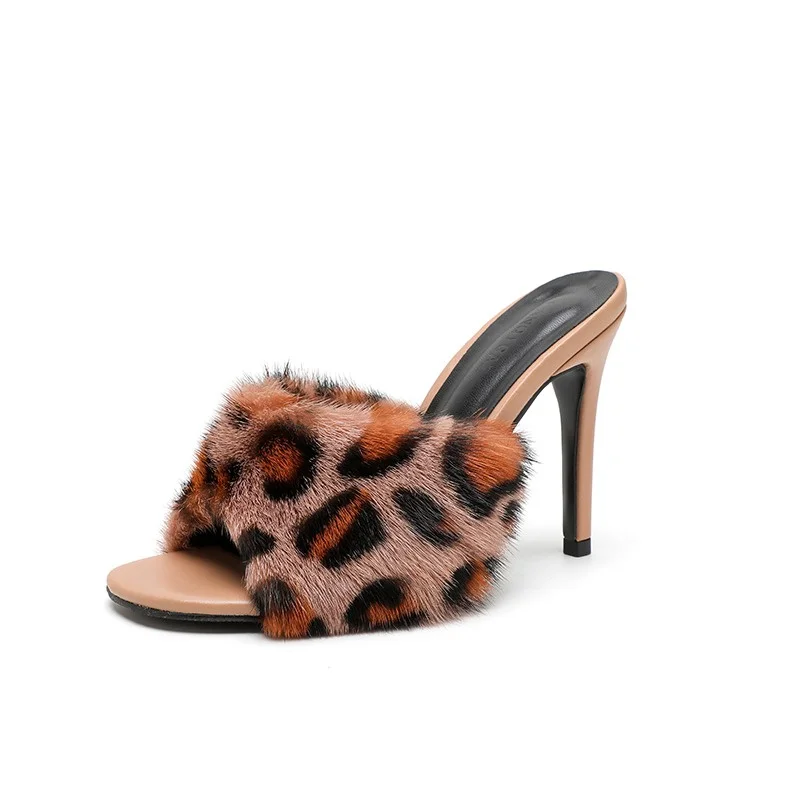 Summer Women's Fur Heels Sexy Fashion Leopard Print Design Peep-toe High-heeled Slippers Luxury Mink Fur High-heeled Slippers