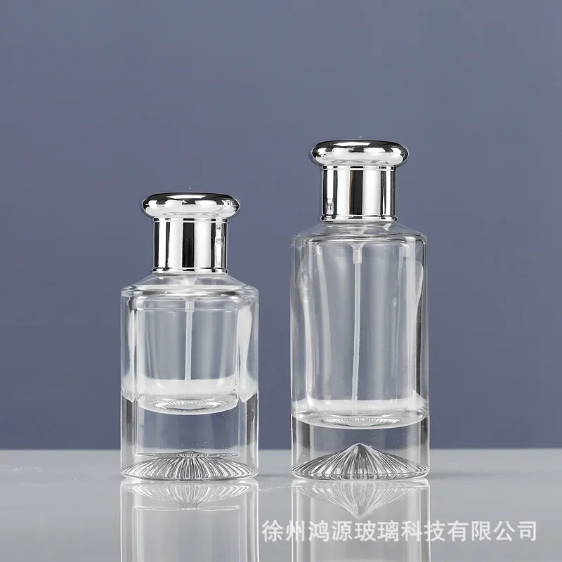 Transparent Round Glass Refillable Perfume Bottle with Crimp Pump Bayonet Sprayer Silver Cap for Cosmetics Packaging