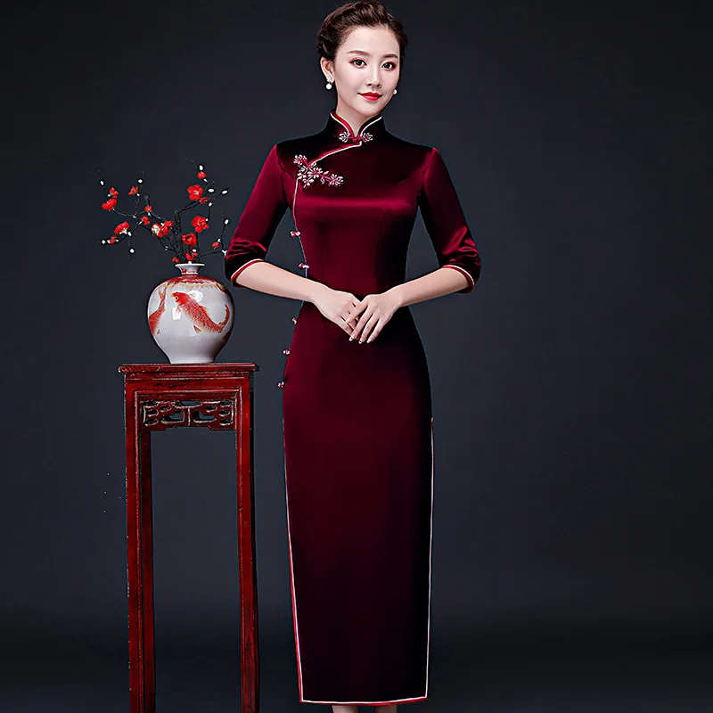 

Бордовое длинное платье Cheongsam для мамы, весна и лето, элегантное утягивающее свадебное платье Cheongsam для свекрови для женщин