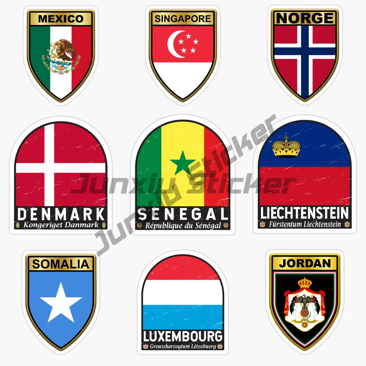 

SENEGAL DENMARK LUXEMBOURG MEXICO LIECHTENSTEIN SINGAPORE NORGE SOMALIA Shield Flag Car Stickers Vinyl Self Adhesive