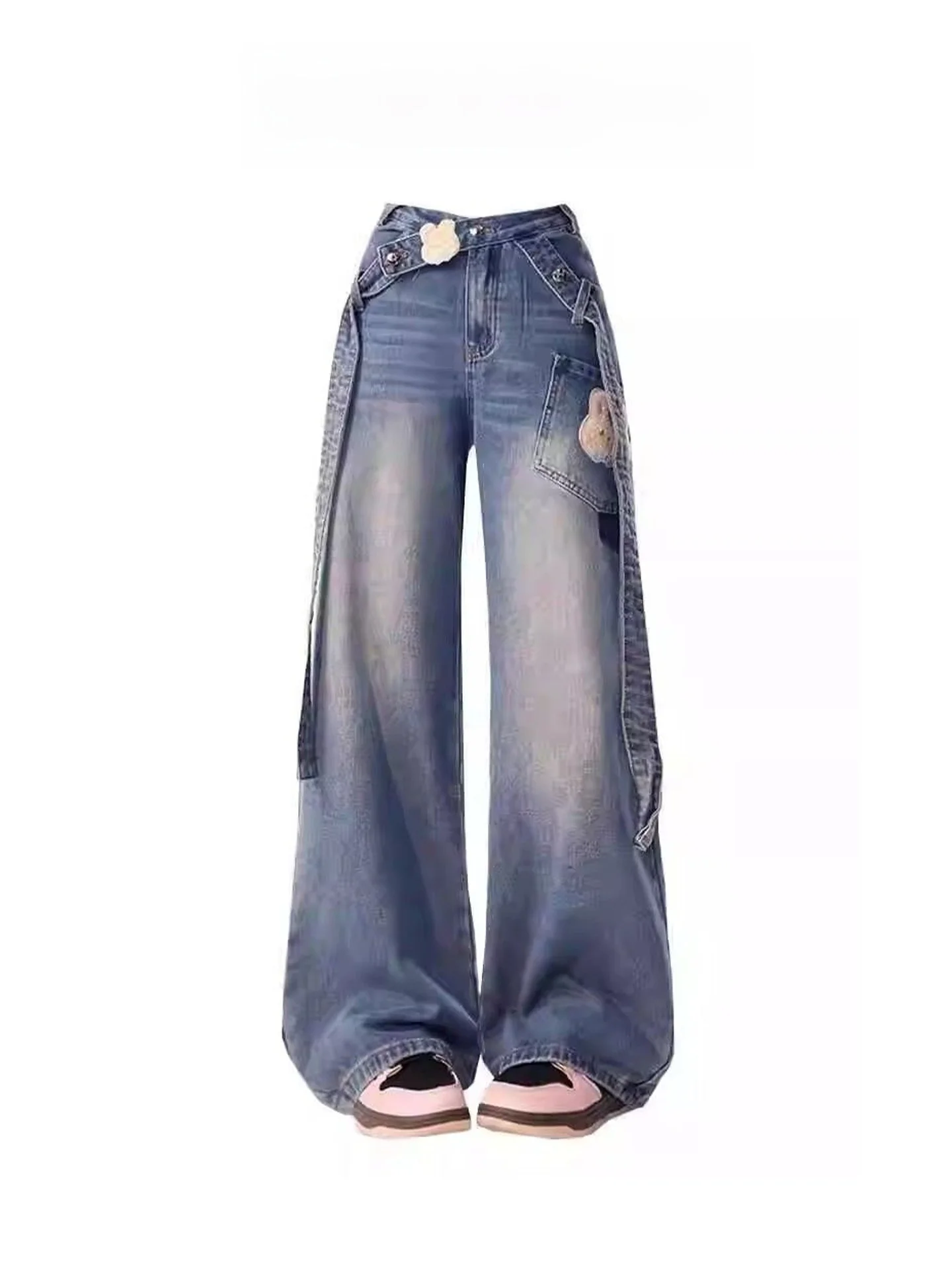 

Американские джинсы с вышивкой кролика, тонкие, свободные, с широкими штанинами, с высокой талией, летние, дизайнерские, женские