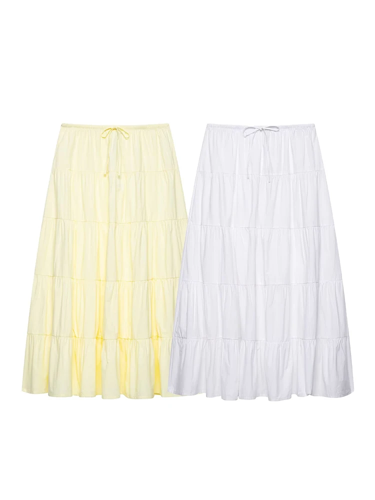 HH Moda mujer Versátil Color sólido Algodón en capas empalmado ​ ​ Falda larga elegancia femenina falda delgada con cordones y lazo de cintura media