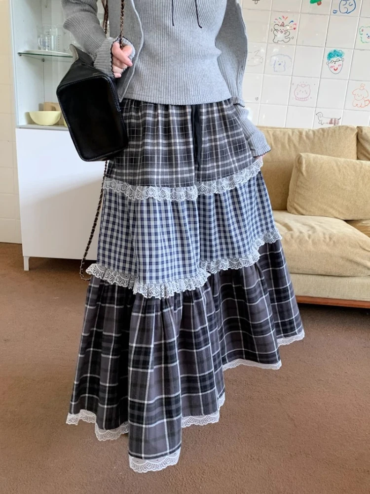 

Japanese Plaid Design Long Skirts Women Chic Patchwork Lace High Waist Loose Skirts Harajuku Casual Sweet Fashion Vintage Skirts
