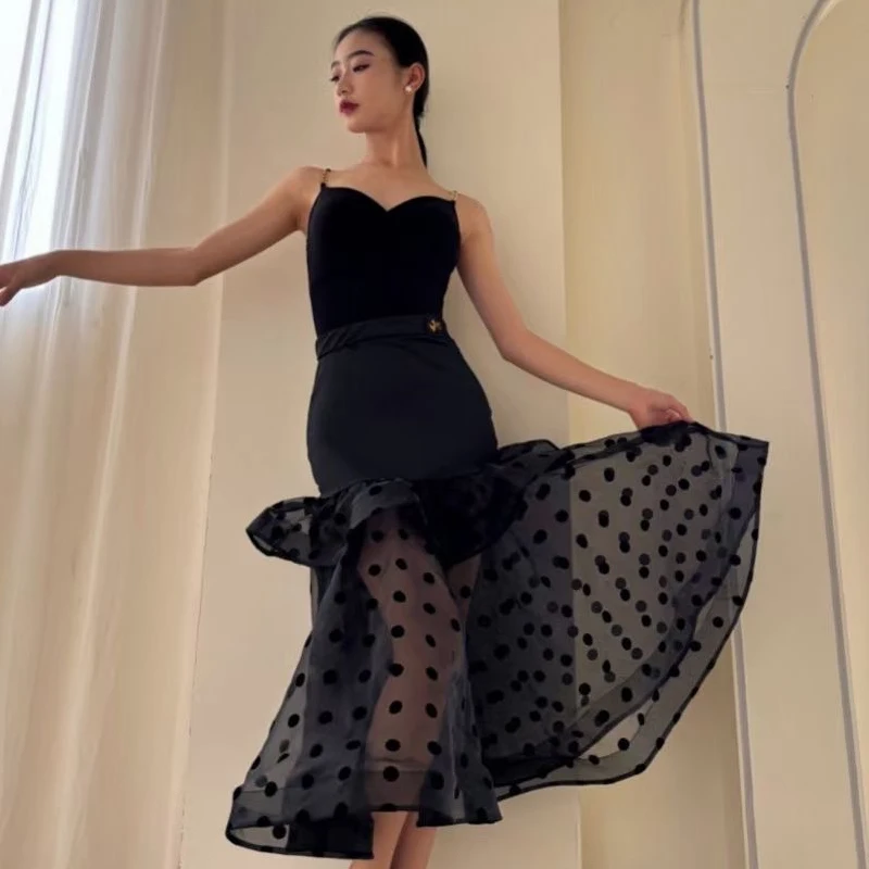 Modern Dance Dress Black Split Suit Suspender Top Double Layer Fishbone Skirts Suit Waltz Ballroom Dance Dress Women DN18206