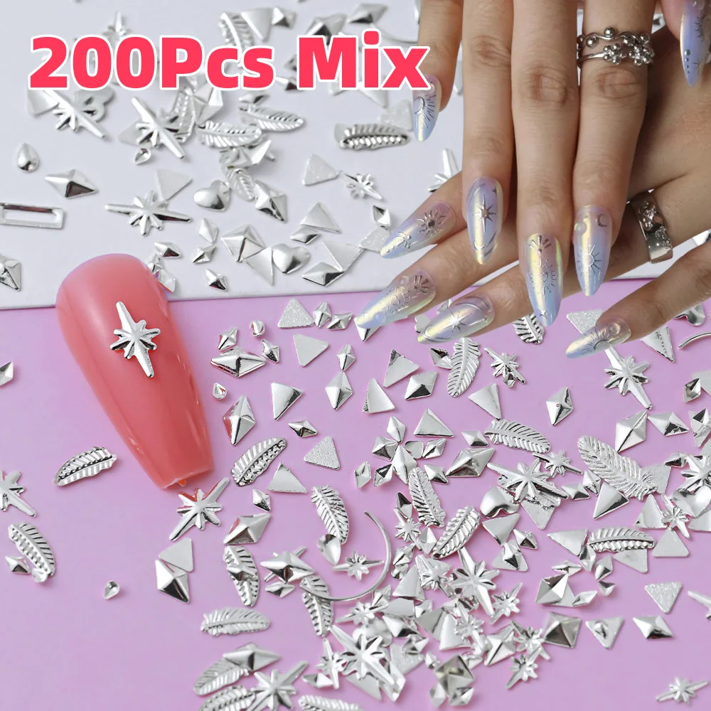 200Pcs 3D Silver Metal Star/Moon Rivet Nail Charms Gold Mixed Cross Star Awn/Geometry Nails Decoration DIY Crafts Manicure Parts
