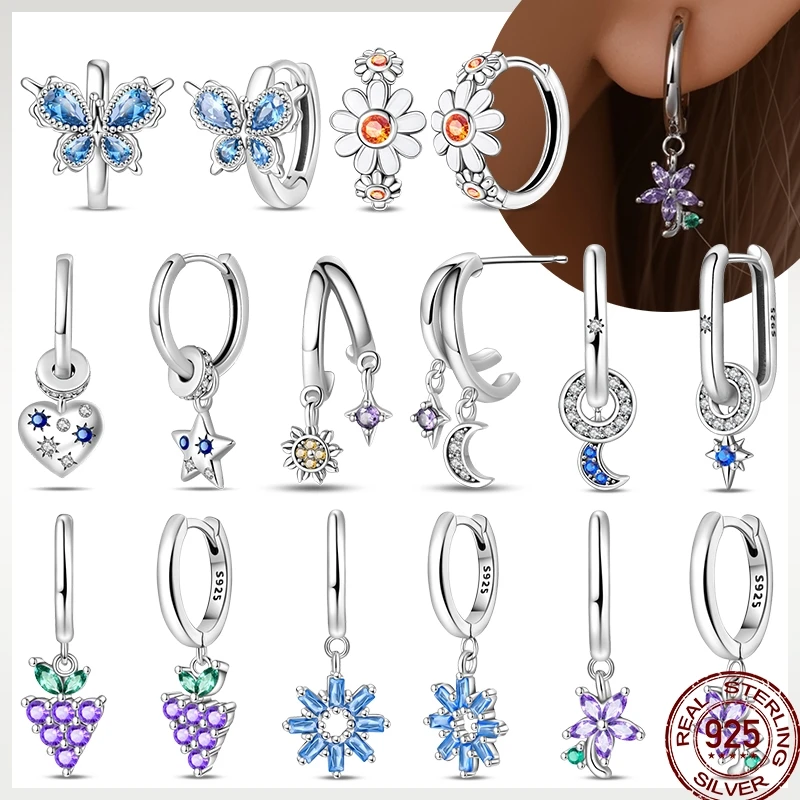 Spring Earrings Women 925 Sterling Silver Flower Butterfly Starry Moon Double Hoop Earrings Jewelry Exquisite New Year Gift