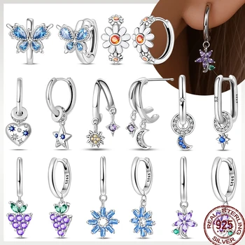 Pendientes de primavera para mujer, Plata de Ley 925, flor, mariposa, Luna estrellada, pendientes de doble aro, joyería exquisita, regalo de Año Nuevo