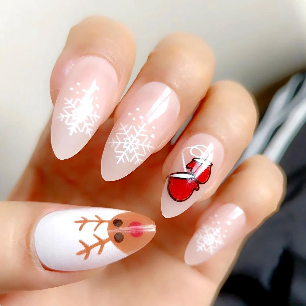

24Pcs Christmas Press On False Nails With Glue Sticker French Acrylic Fake Nails Tips DIY Deer Lady Finger Manicure Accessory