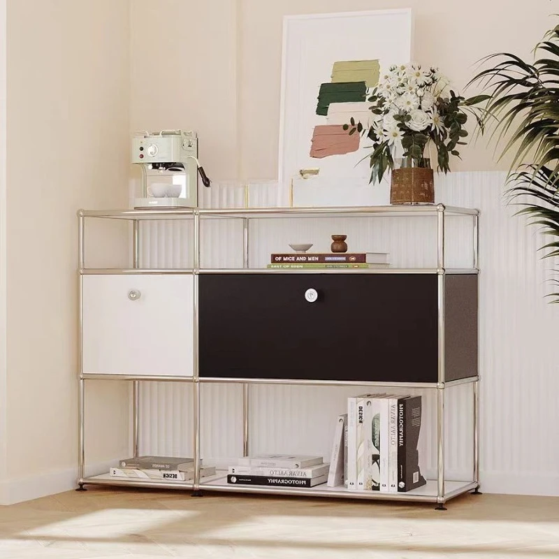 Stainless steel side cabinet, contrasting color combination storage, modern simple and light luxury
