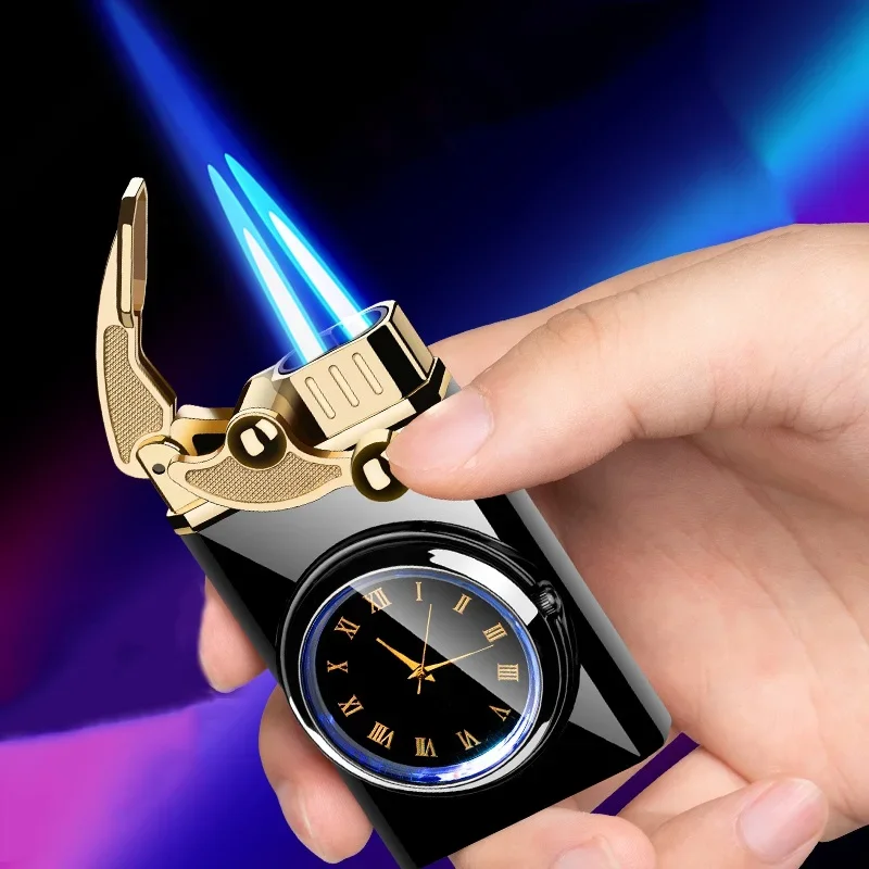 Reloj de encendido basculante de Metal a prueba de viento, encendedor de Gas, luces coloridas, linterna de doble llama de butano, encendedor de cigarros, regalo para hombres