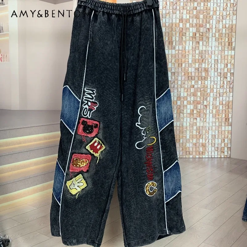 Trendige Marken-Jeans im amerikanischen Stil für Frühling/Sommer: Schwerer Patchwork-Farbblock mit Cartoon-Motiven, gerade geschnitten, schlank machend, lässige lange Denim-Hose
