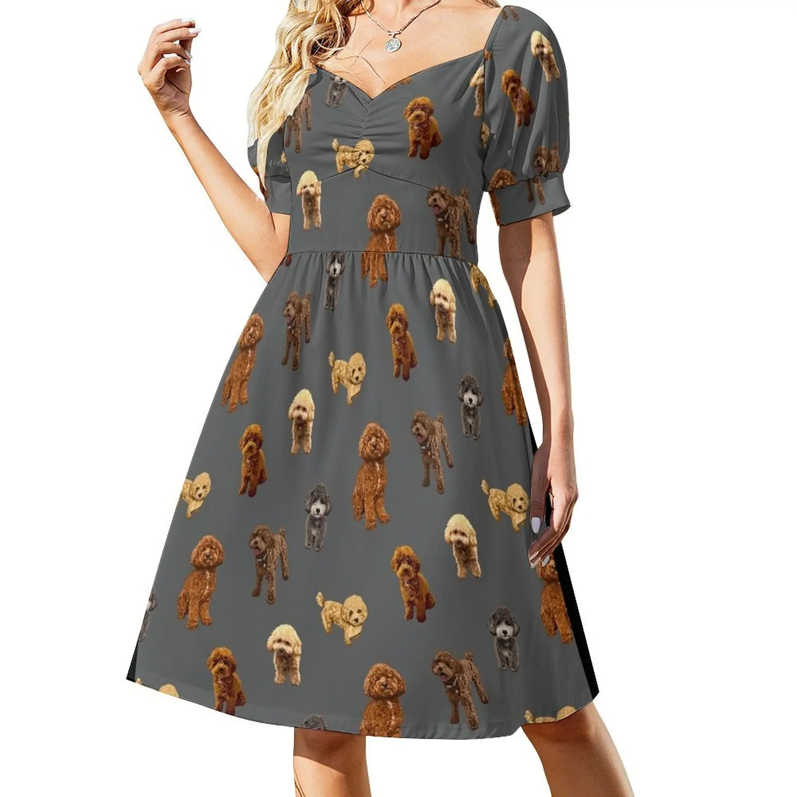 

Toy Poodle pattern on dark gray background Short Sleeved Dress Woman dresses Woman clothing Dress